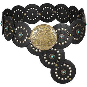 Woman's Western PU Leather Belts Concho Disc Wide Waist Belt Black Bronze Buckle